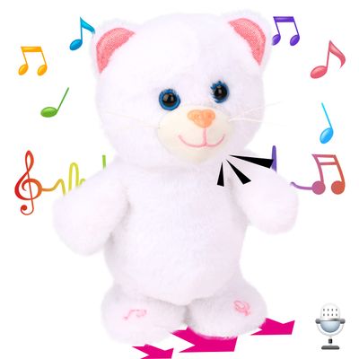 Hopearl Talking Kitty Singing Cat Repeats What You Say Walking Electric Interactive Animated Toy Speaking Plush Buddy Gifts for Toddlers, White, 8''