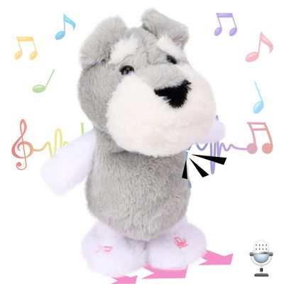 Hopearl Talking Schnauzer Singing Dog Repeats What You Say Puppy Walking Electric Interactive Animated Toy Speaking Plush Buddy Gifts for Toddlers, Gray, 8''