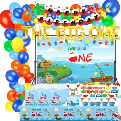 165 Pcs The Big One Party Decorations, Gone Fishing Balloon Garland Kit, O Fish Ally 1 Favor Bags, The Big One Backdrop, Ofishally One/Little Fisherman/Fishing Theme 1st Birthday Party Supplies