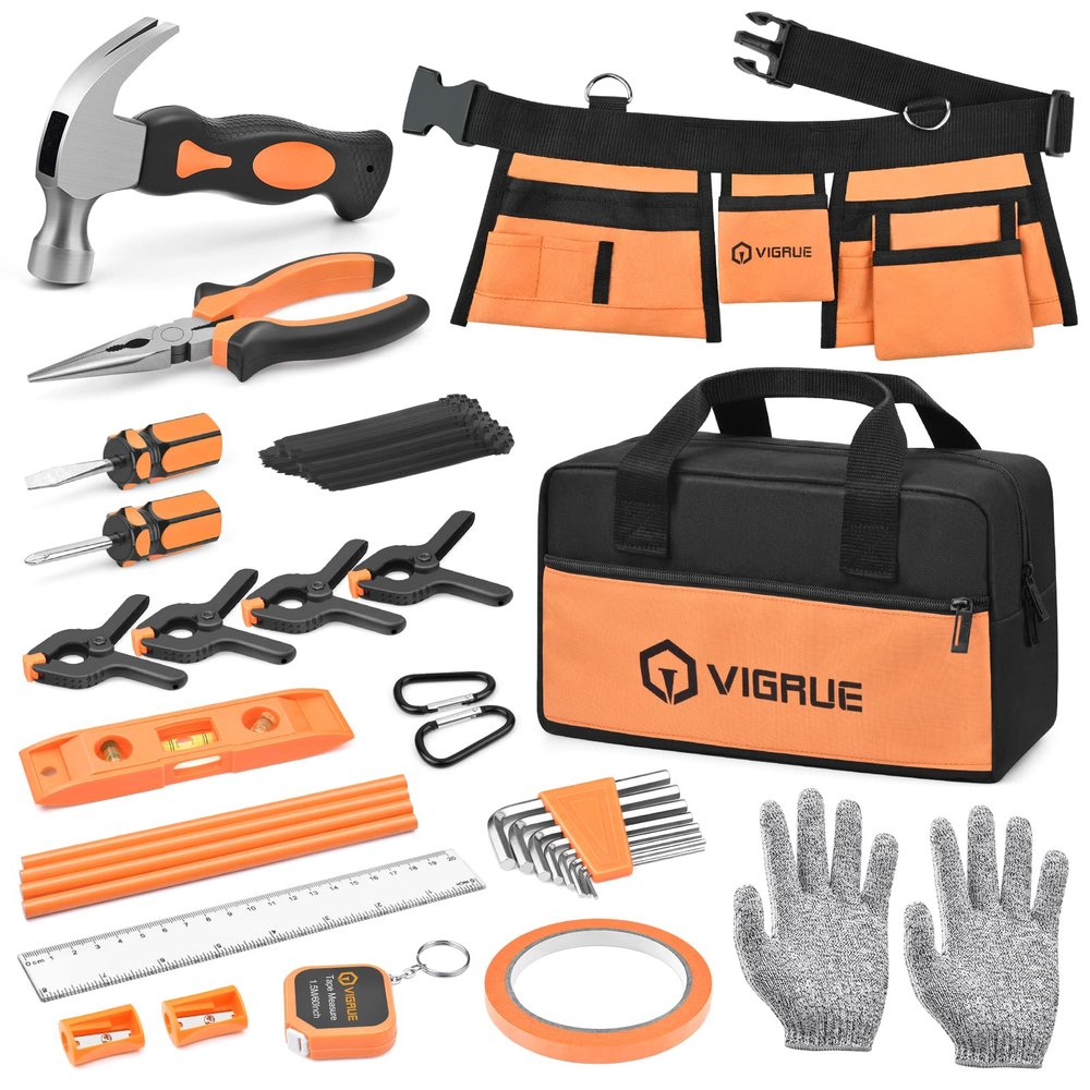 VIGRUE , Children Gift Present Real Hand Tools Kit with Belt and Bag, Boy Builder Small Learning Accessories Construction Hammer Screwdriver for Home DIY Woodworking