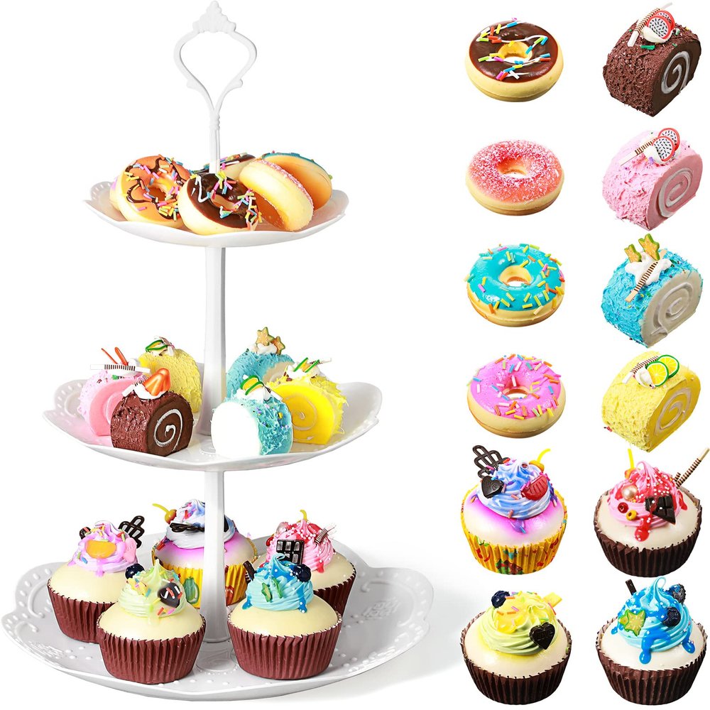 Chivao 13 Pcs Fake Bread with Basket Artificial Food for Display Photo Props Realistic Bread Toy Set Simulation French Loaf Faux Pastries Food Model for Bakery Home Kitchen Decoration(Donuts)
