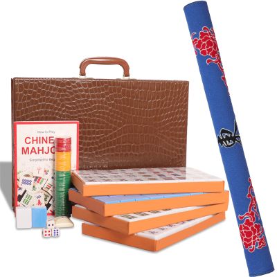 GUSTARIA Chinese Mahjong Set, with X-Large (1.5") 144 Numbered Melamine Blue Tiles, 2 Spare Tiles, 6 Dice and a Wind Indicator, Carrying Travel Case with English Instruction, Mahjong Mat(Blue)