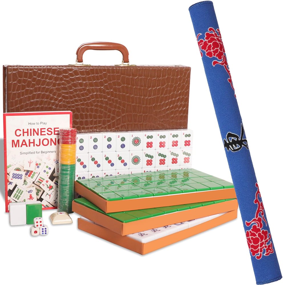 GUSTARIA Chinese Mahjong Set, with X-Large (1.5") 144 Numbered Melamine Green Tiles, 2 Spare Tiles, 6 Dice and a Wind Indicator, Carrying Travel Case with English Instruction, Mahjong Mat (Blue)