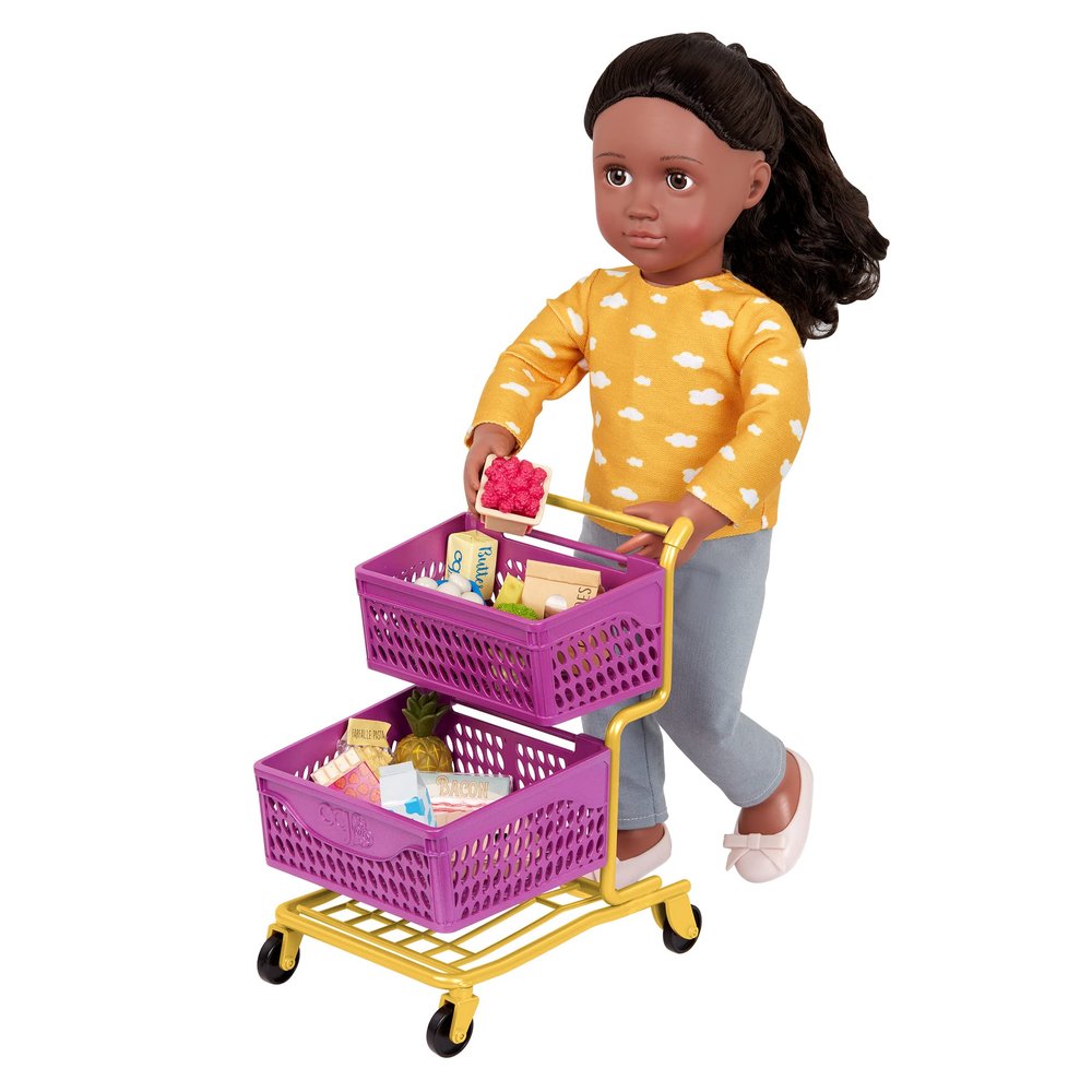 Our Generation BD35211Z Deluxe Shopping Basket Purple/Yellow & Food Balanced Shopping for 46 cm Dolls with Functional Wheels Children's Toys from 3 Years 45461 HCM Kinzel