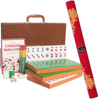 GUSTARIA Chinese Mahjong Set, with X-Large (1.5") 144 Numbered Melamine Green Tiles, 2 Spare Tiles, 6 Dice and a Wind Indicator, Carrying Travel Case with English Instruction, Mahjong Mat(Red)