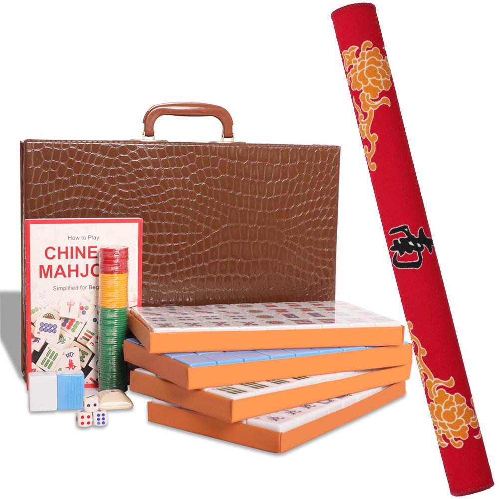 GUSTARIA Chinese Mahjong Set, with X-Large (1.5") 144 Numbered Melamine Blue Tiles, 2 Spare Tiles, 6 Dice and a Wind Indicator, Carrying Travel Case with English Instruction, Mahjong Mat(Red)