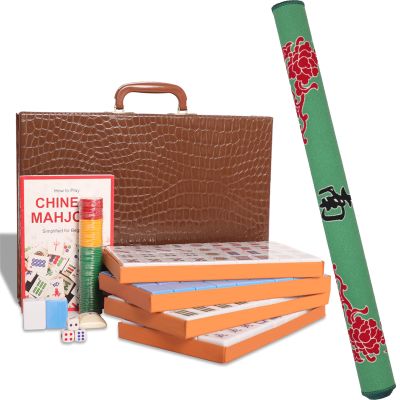 GUSTARIA Chinese Mahjong Set, with X-Large (1.5") 144 Numbered Melamine Blue Tiles, 2 Spare Tiles, 6 Dice and a Wind Indicator, Carrying Travel Case with English Instruction, Mahjong Mat(Green)