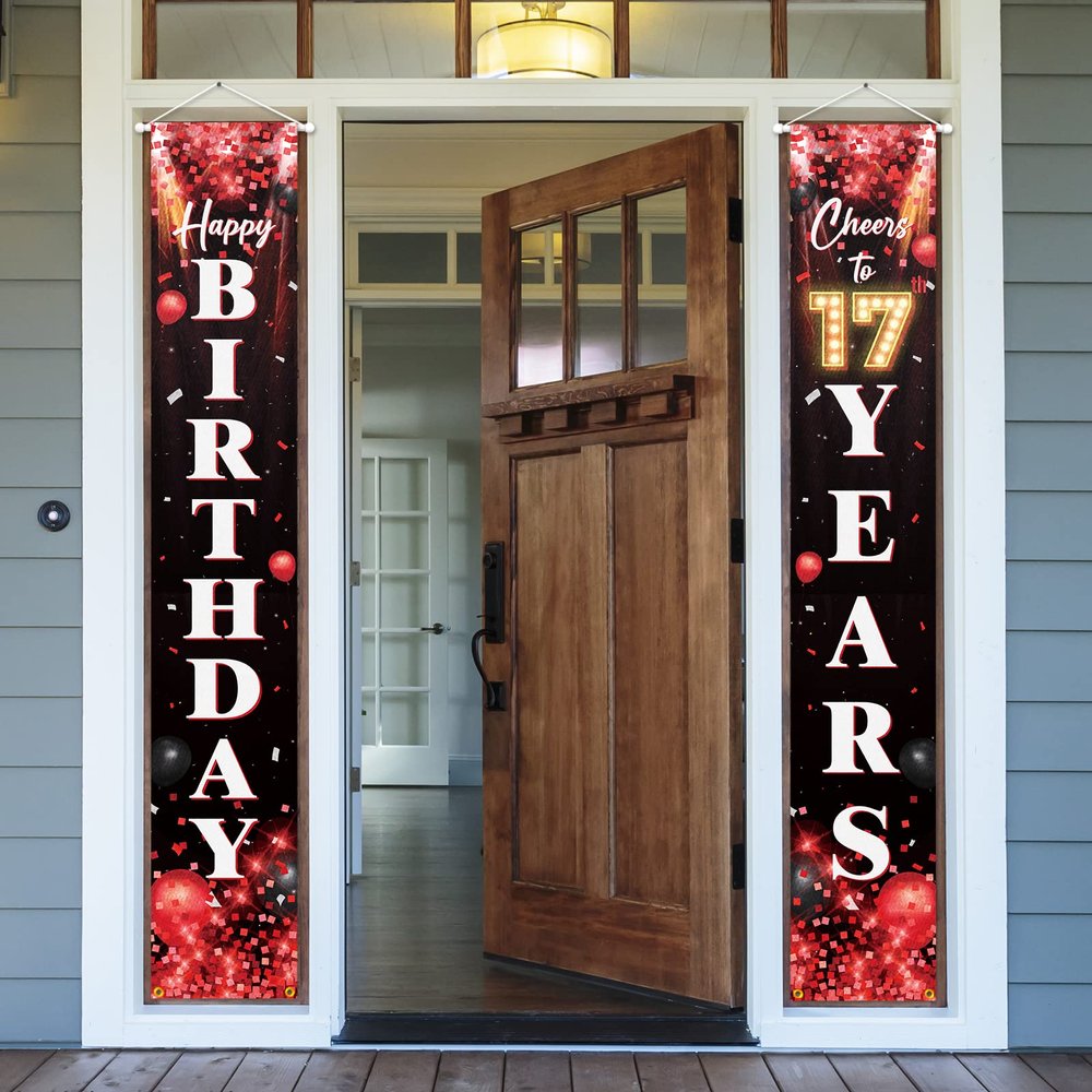 5665 Happy 17th Birthday Porch Sign Door Banner Decor Red and Black Glitter Cheers to 17 Years Old Birthday Party Theme 01 0