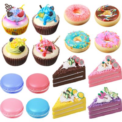 Chivao 16 Pcs Fake Food Realistic Artificial Toy Donuts Cupcake Fake Slice Cake Artificial Simulation Macaron, for Display PU Foam Realistic Food Props for Home Shop Party Decorations(Donuts)