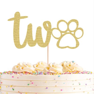 AHAORAY Paw Print Two Cake Topper - Gold Glitter Pet Dog Second Birthday Cake Decorations Supplies - Pet Puppy Theme Party Cake Decor, for Pet Birthday Party, Baby Shower Favors or Photo Booth Props