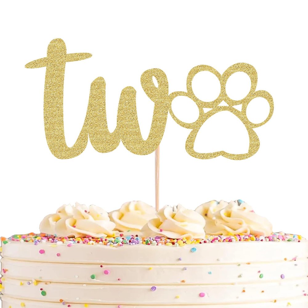 AHAORAY Paw Print Two Cake Topper - Gold Glitter Pet Dog Second Birthday Cake Decorations Supplies - Pet Puppy Theme Party Cake Decor, for Pet Birthday Party, Baby Shower Favors or Photo Booth Props