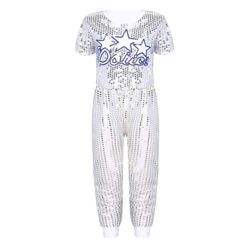 VernLan Boys Girls Sequins Hip Hop Jazz Costume Modern Street Dance Clothing Set for Stage Performance Show Silver 5-6 Years