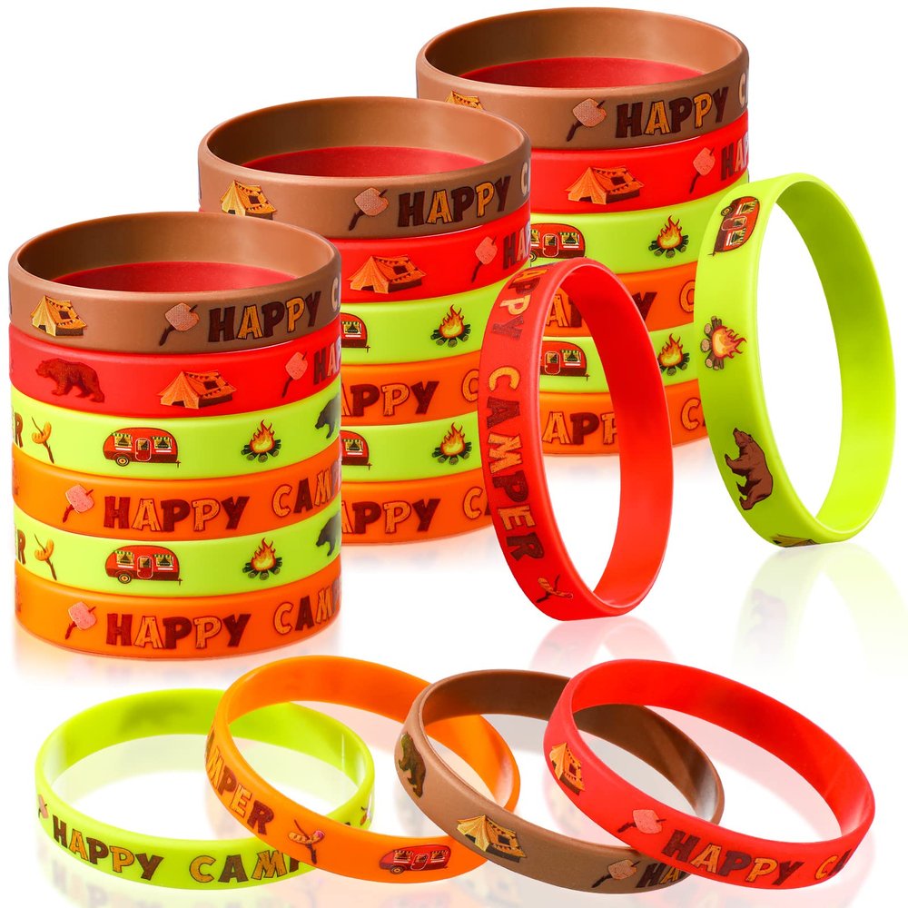 Chivao 24 Pcs Camping Party Favors Silicone Bracelets Camping Theme Rubber Wristbands Happy Camper Rubber Bracelets for Adventure Birthday Party Supplies and Decorations