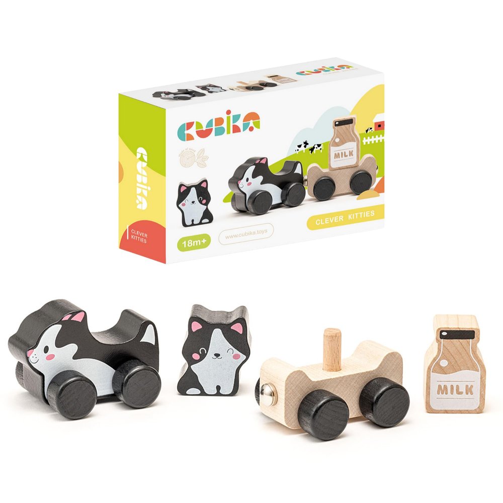 Cubika Wooden Clever Kitties Train Toy Magnetic Cat-Themed Wood Toy Playset for Toddlers 18 Months+ Montessori Toy for Fine Motor Skills and Imaginative Play