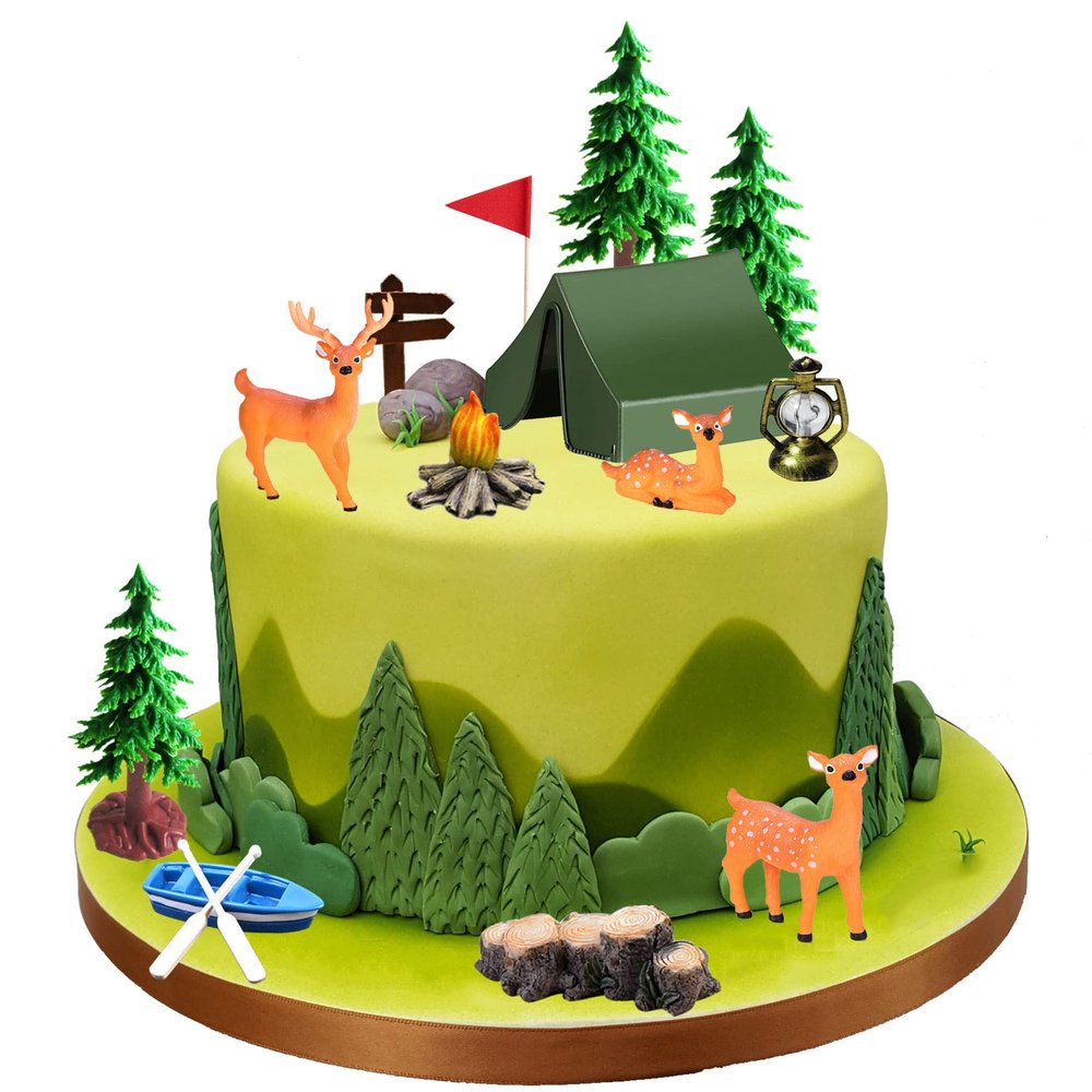 15PCS Camping Cake Decorations - Fireside Camp Decor Set for Kids Camper Fans' Birthday Party