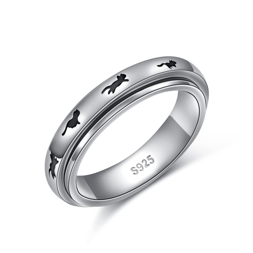 Ladytree Spinner Fidget Ring S925 Sterling Silver Cute Cat Animal Anxiety Worry Band Fidget Stress Relieving Boredom ADHD Autism Rings for Women Men,Size 7