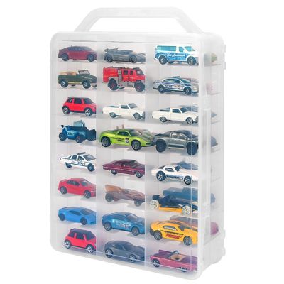 KISLANE Double Sided Storage Case for 48 Toy Cars, Matchbox Cars, Portable Transparent Storage Case with 48 Compartments, Case Only (Transparent)