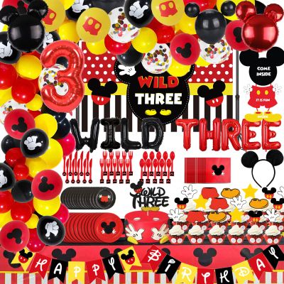 221 Pcs Red 3rd Birthday Party Decorations, Wild Three Balloons Arch Garland Kit, Third Bday Backdrop, TableCloth, Tableware for Boys 3th Birtdhay Party Supplies