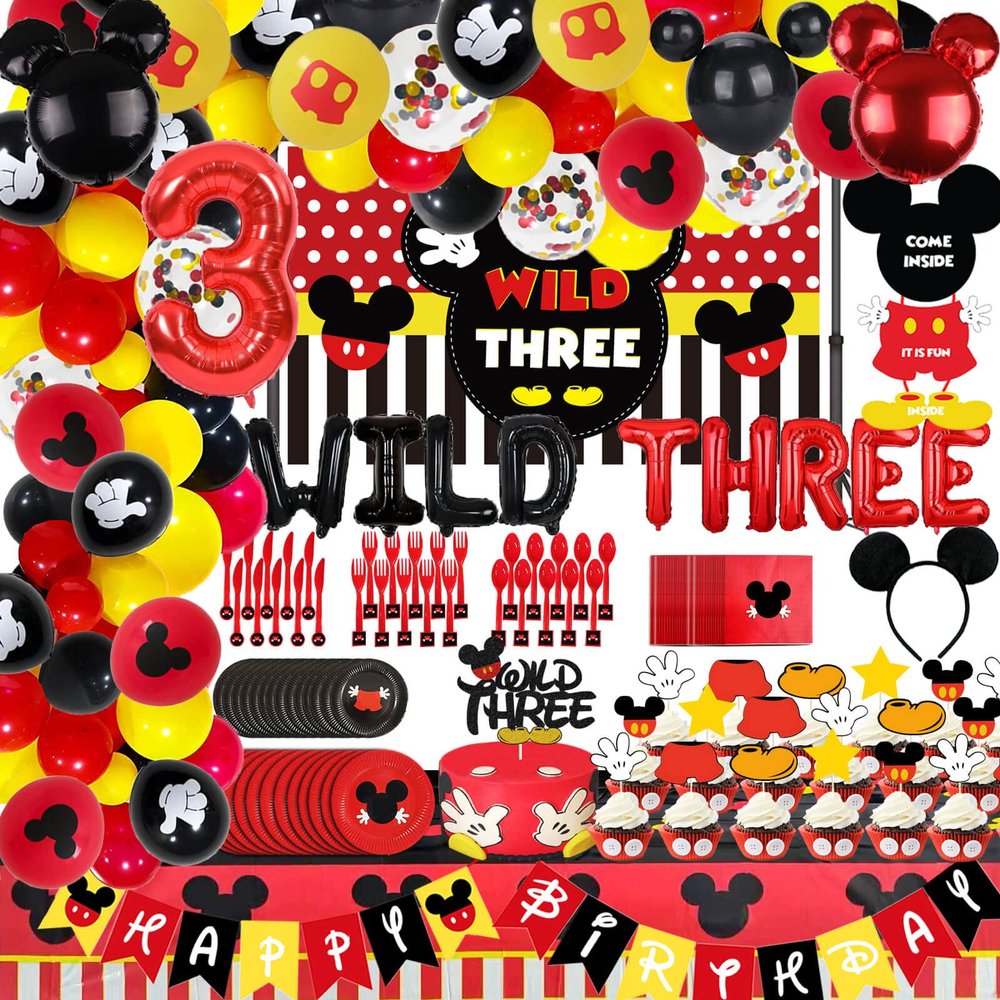 221 Pcs Red 3rd Birthday Party Decorations, Wild Three Balloons Arch Garland Kit, Third Bday Backdrop, TableCloth, Tableware for Boys 3th Birtdhay Party Supplies