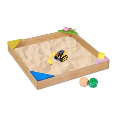 Relaxdays Sandpit, 4 Colourful Corner Seats, Sandpit Kit, Fir Wood, Sand Pit, Natural, 12 x 90 x 90 cm