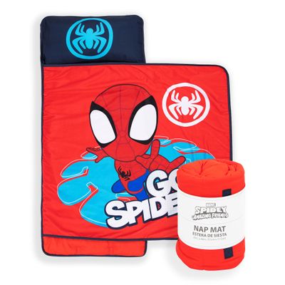 Jay Franco Kids Nap Mat with Embedded Pillow & Blanket  Soft 46"x20" Microfiber Sleeping Bag with Name Tag & Handle Red - Spiderman