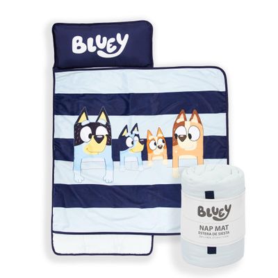 Jay Franco Kids Nap Mat with Embedded Pillow & Blanket  Soft 46"x20" Microfiber Sleeping Bag with Name Tag & Handle Blue - Bluey