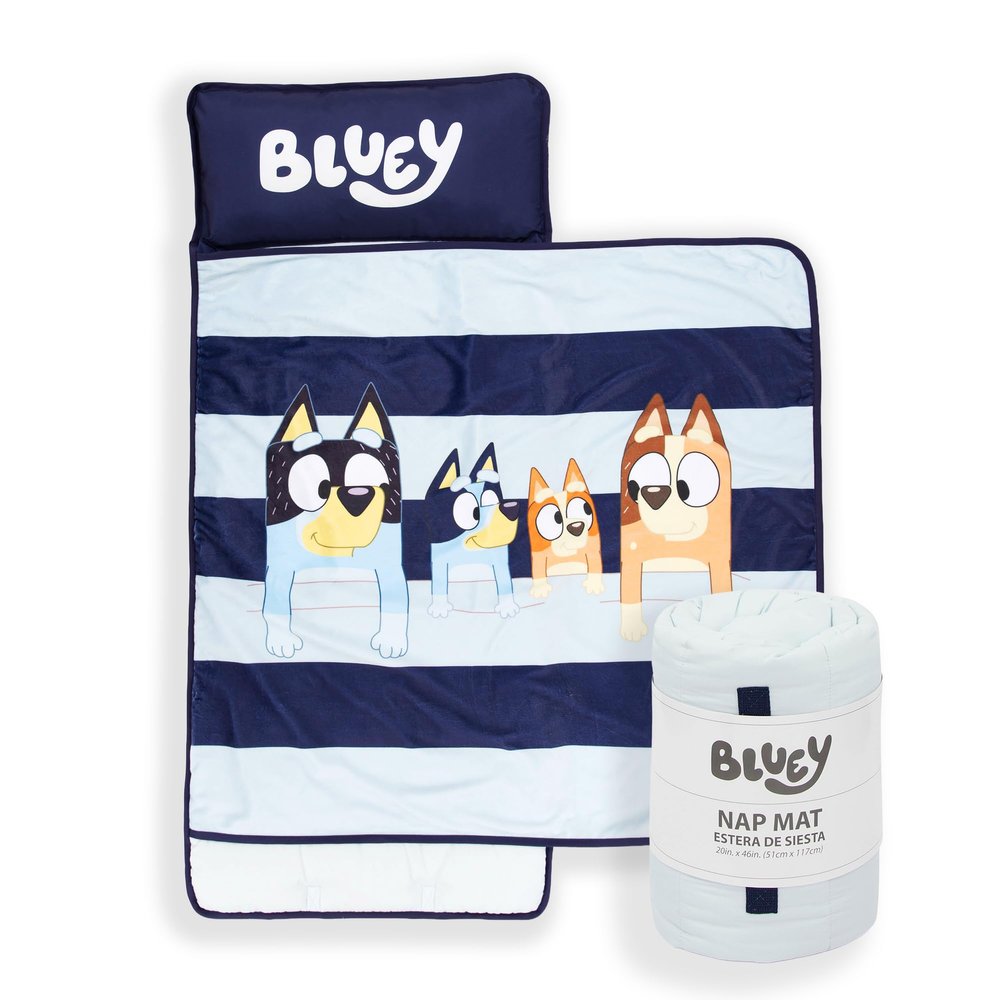 Jay Franco Kids Nap Mat with Embedded Pillow & Blanket  Soft 46"x20" Microfiber Sleeping Bag with Name Tag & Handle Blue - Bluey