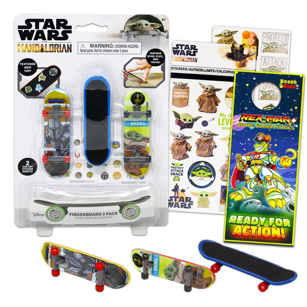 Star Wars Mandalorian Fingerboard Toy Set - 3 Pc Bundle with Star Wars Mandalorian Finger Skateboard for Kids, Star Wars Stickers and More (Star Wars Party Favors)