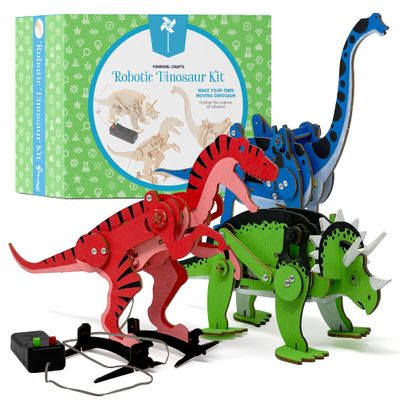 Pinwheel Crafts Robotic Dinosaur Arts & Crafts Science Kit for Kids Ages 6-12 Wooden Dinosaur Toys with Paints Ideal Gift for 6-Year-Old Boys