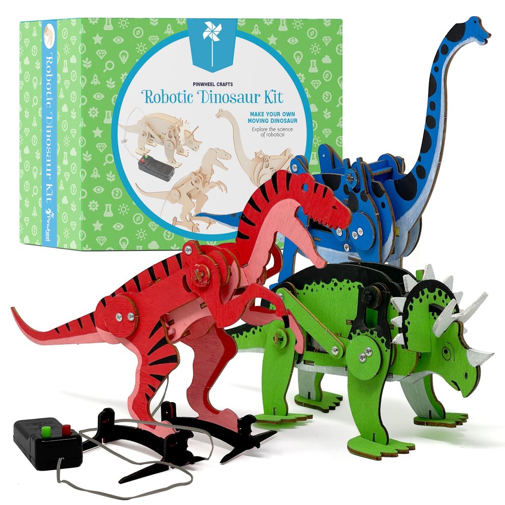 Pinwheel Crafts Robotic Dinosaur Arts & Crafts Science Kit for Kids Ages 6-12 Wooden Dinosaur Toys with Paints Ideal Gift for 6-Year-Old Boys