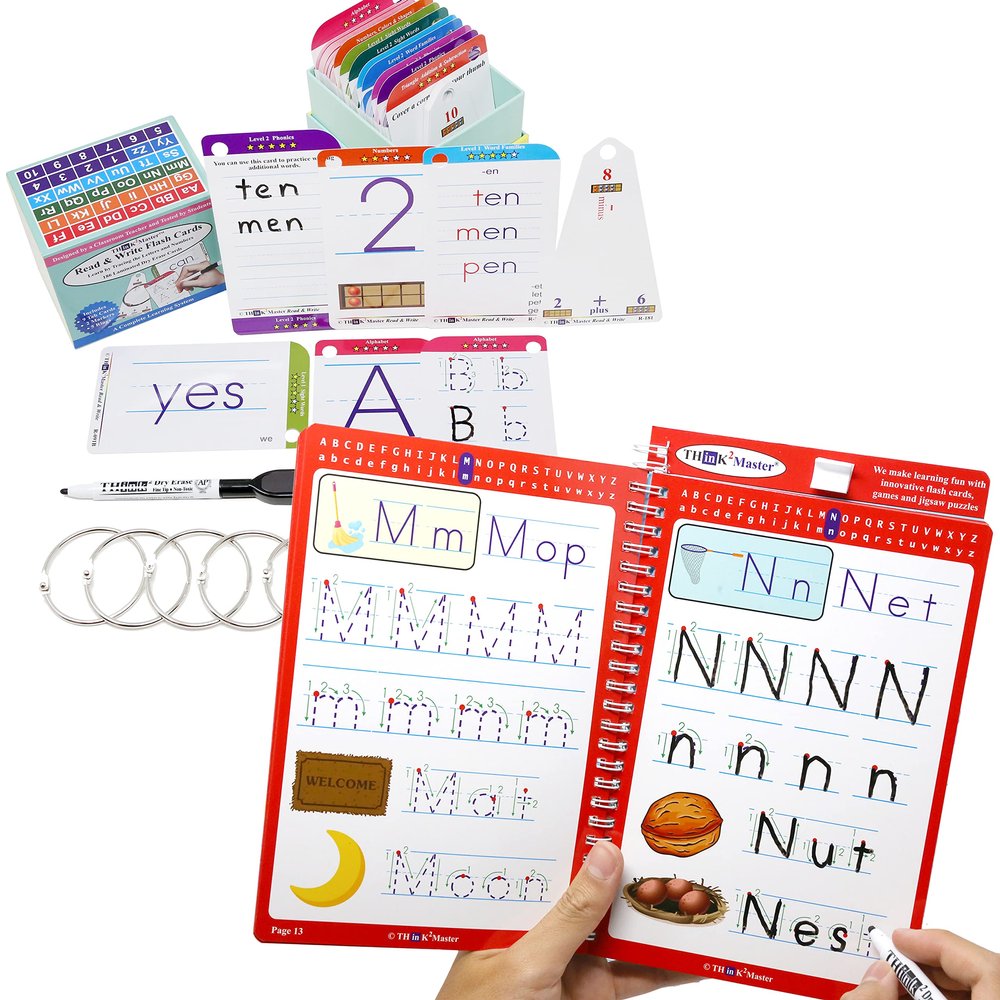 THINK2MASTER Premium 186 Laminated Alphabet, Sight Words, Phonics Flash Cards & aminated Workbook & Flash Cards - Alphabet, Numbers & Words Reusable Book for PreK & Kindergarten