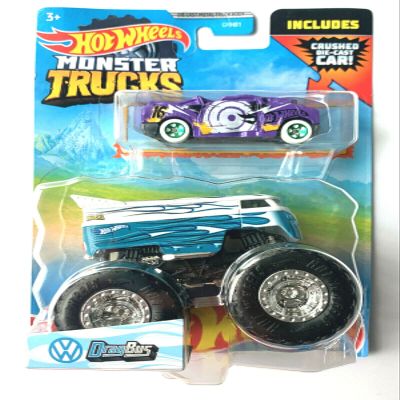 DieCast Hot Wheels Monster Trucks Volkswagens Drag Bus, 1:64 Scale Truck with Crushed car