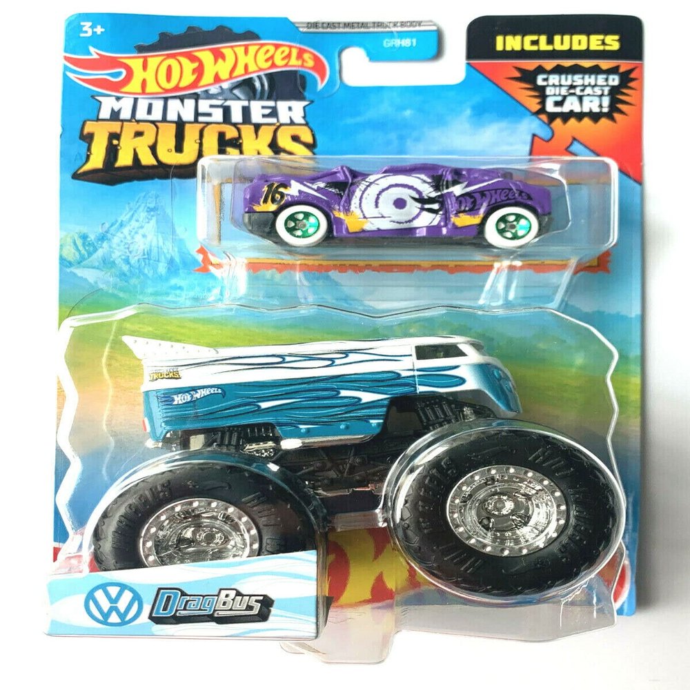 DieCast Hot Wheels Monster Trucks Volkswagens Drag Bus, 1:64 Scale Truck with Crushed car