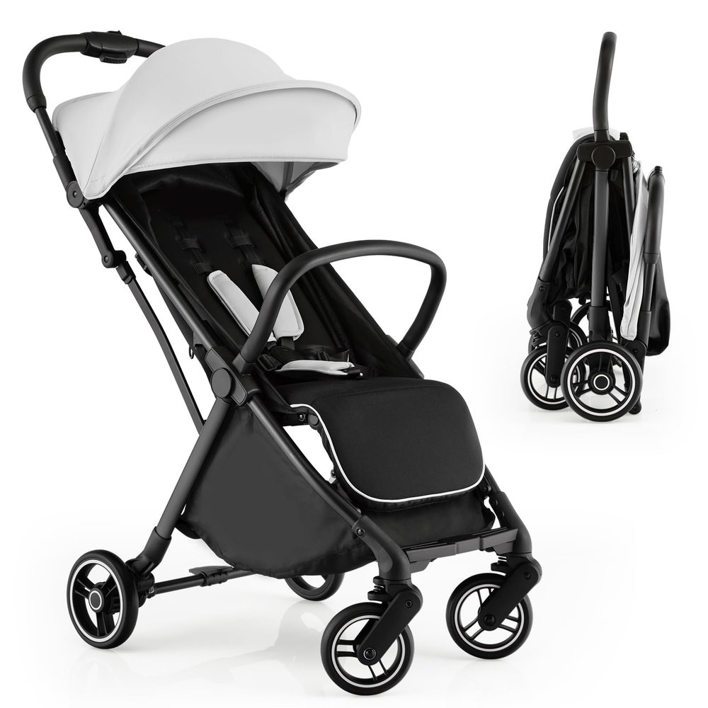HONEY JOY Lightweight Baby Stroller, Compact Travel Stroller for Airplane, Fits Airplane Cabin & Overhead, One-Hand Gravity Fold, Self-Standing Toddler Stroller w/Adjustable Backrest/Canopy(Gray)
