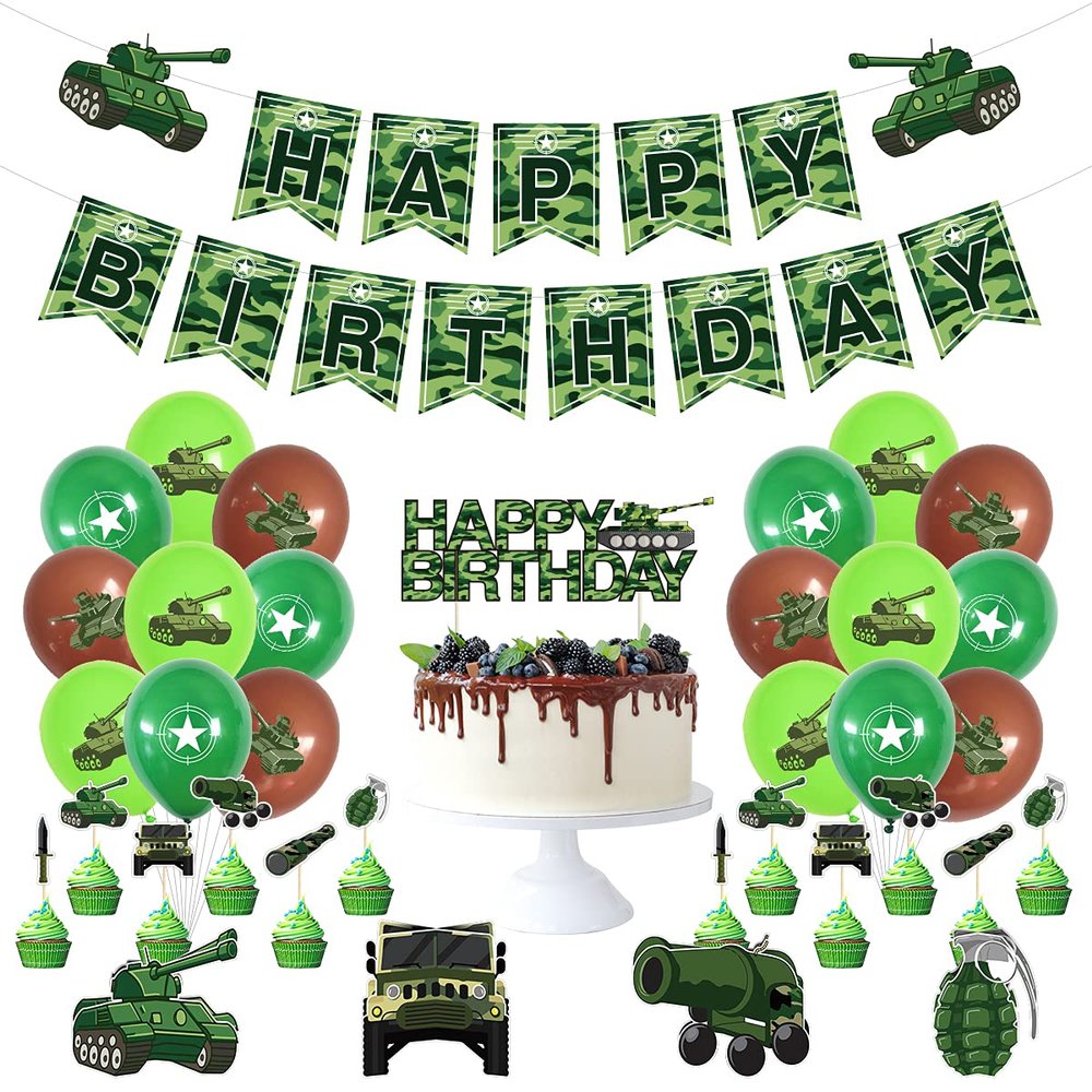 Camouflage Army Party decoration Birthday Party, We Are Proud Of You, Cake with 3D Paper Centerpiece Camouflage Spiral Hanging Decoration Cake Planting Flag