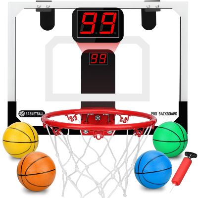 Pro Indoor Mini Basketball Hoop Set for Kids Adults, Over Door Automatic Scoring Basketball Hoop with 4 Rubber 6" Balls, Boost Wall Mount Basketball Hoops with Electronic Scoreboard Large Dunk Rim