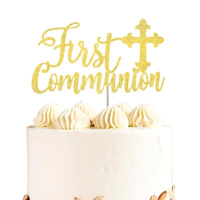 1 Pack First Communion Cake Topper Glitter Cross Cake Pick Religious Cross First Communion Cake Decoration Theme Baptism Communion Party Baby Shower Birthday Party Cake Decorations Supplies Gold