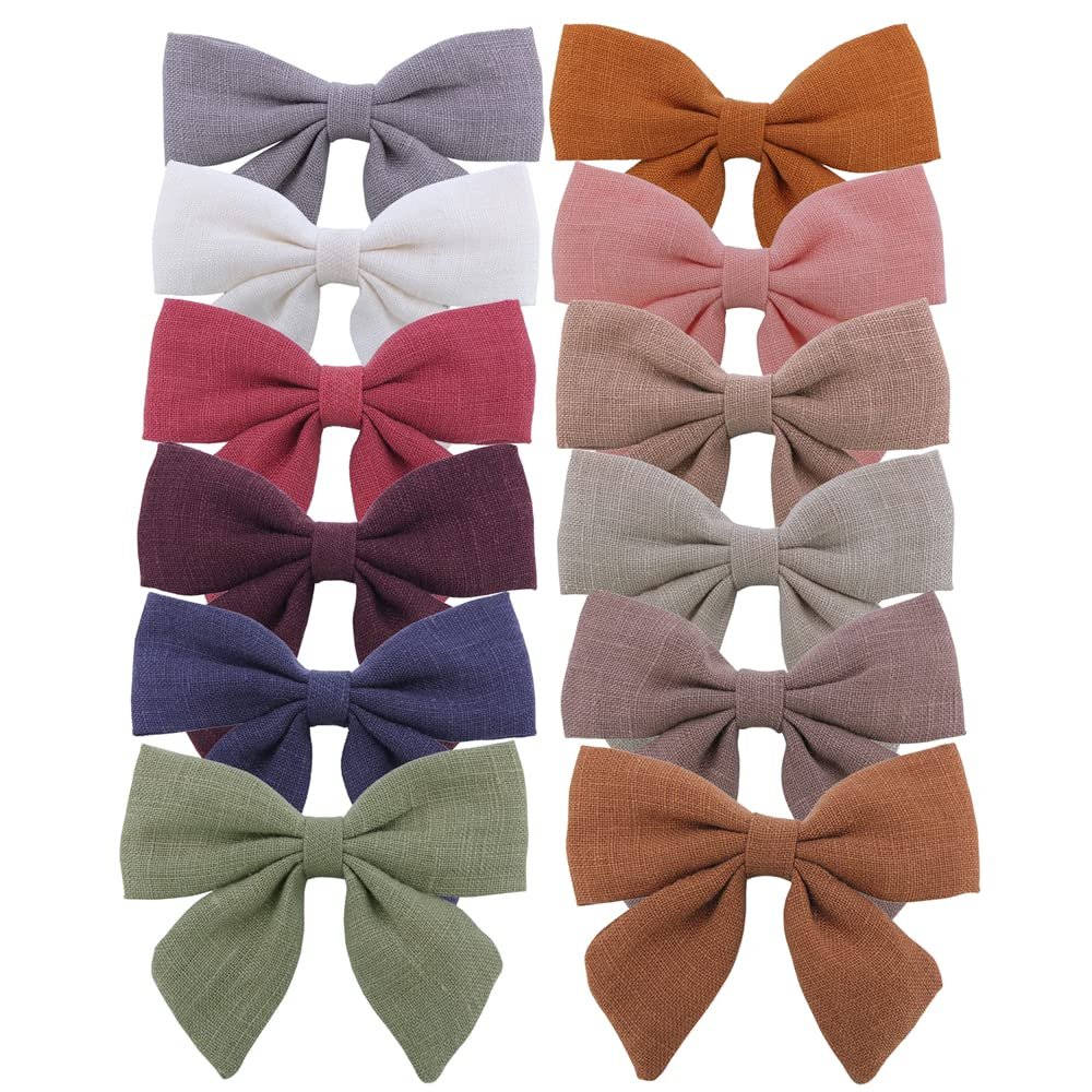 12 PCS Linen Bow Hair Clips for Baby Girls Hair Bows Alligator Clips Accessories Infants Toddler Kids Hairgrips (Linen 3.2'' Sailor Bow)