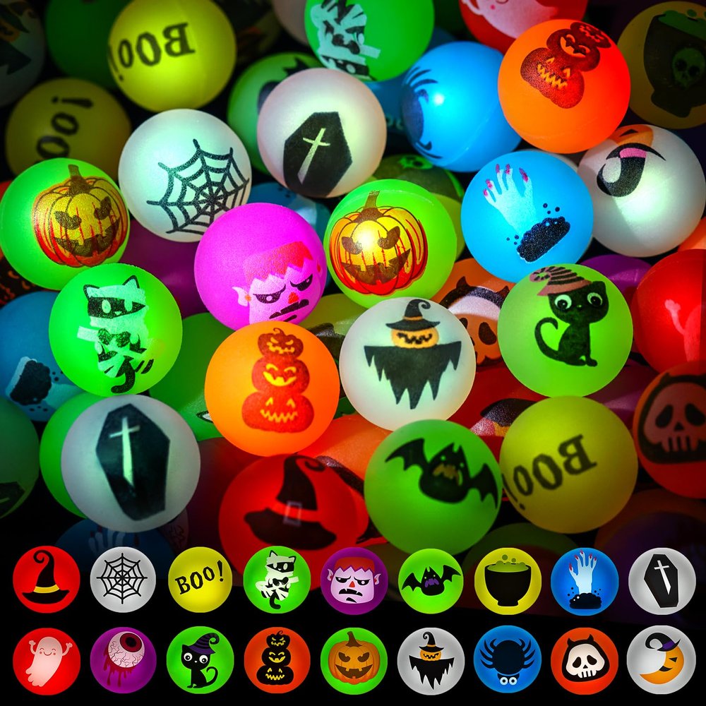 MGparty 90 PCS Halloween Glow in The Dark Bouncy Balls 18 Theme Designs Bouncing Balls for Kids Girls Boys Halloween Party Favors Supplies Trick or Treating Goodies Bag Gifts Fillers