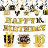 JAPBOR 16th Glitter Gold Black Birthday Banner Party Decorations, 16 Years Old Happy Birthday Hanging Swirls Honeycomb Centerpieces for Boys Girls, Cheer to 16 Years Bday Party Decor Supplies view 1