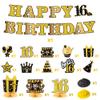 JAPBOR 16th Glitter Gold Black Birthday Banner Party Decorations, 16 Years Old Happy Birthday Hanging Swirls Honeycomb Centerpieces for Boys Girls, Cheer to 16 Years Bday Party Decor Supplies view 2