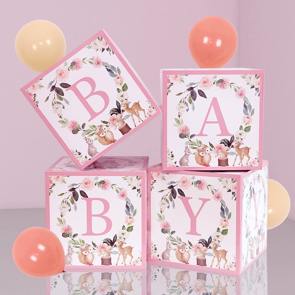 Kreatwow Woodland Baby Shower Decoration Woodland Party Balloon Boxes Pink Floral Theme Its A Baby Girl Party Jungle Welcome Baby Decor Woodland Animal Theme Boxes for Spring Wildflower Party