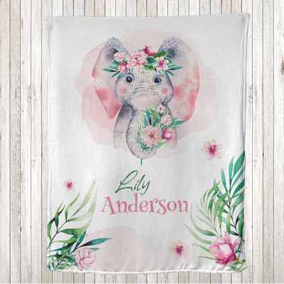 Ambesonne Animal Throw Blanket, Happy Smiling Big Mammal Creature in Pastel Toned Watercolor Design Print, Flannel Fleece Accent with Personalized Name Photo Backdrop, 60" x 50", Green and Baby Pink