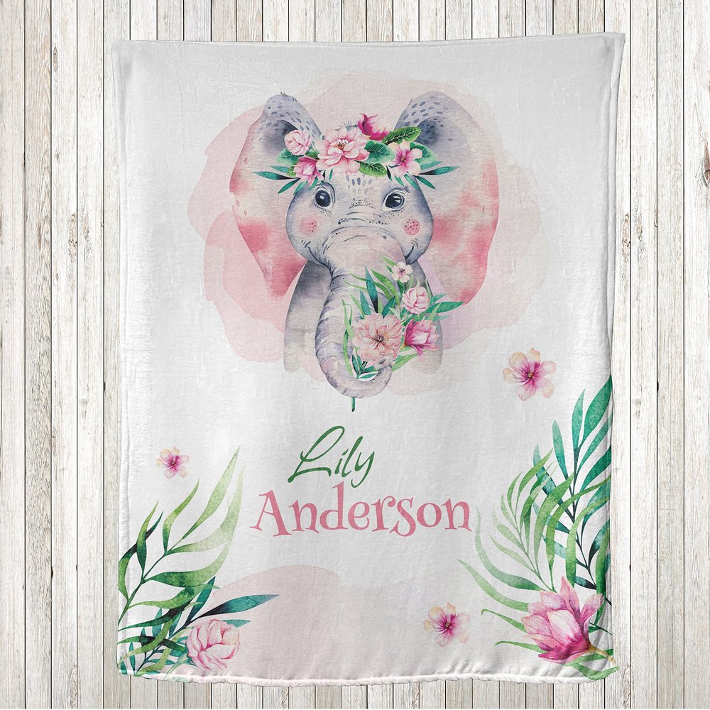 Ambesonne Animal Throw Blanket, Happy Smiling Big Mammal Creature in Pastel Toned Watercolor Design Print, Flannel Fleece Accent with Personalized Name Photo Backdrop, 60" x 50", Green and Baby Pink