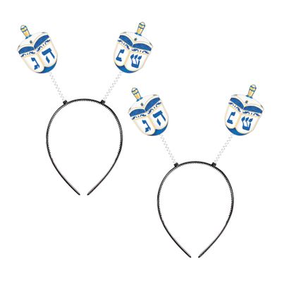 Beistle Dreidel Boppers 2-Pack Hanukkah Headbands, Blue and White Printed One Side with Hebrew Design on Metal Springs, Black Snap-On Bands for Adults, Festive Holiday Party Accessories