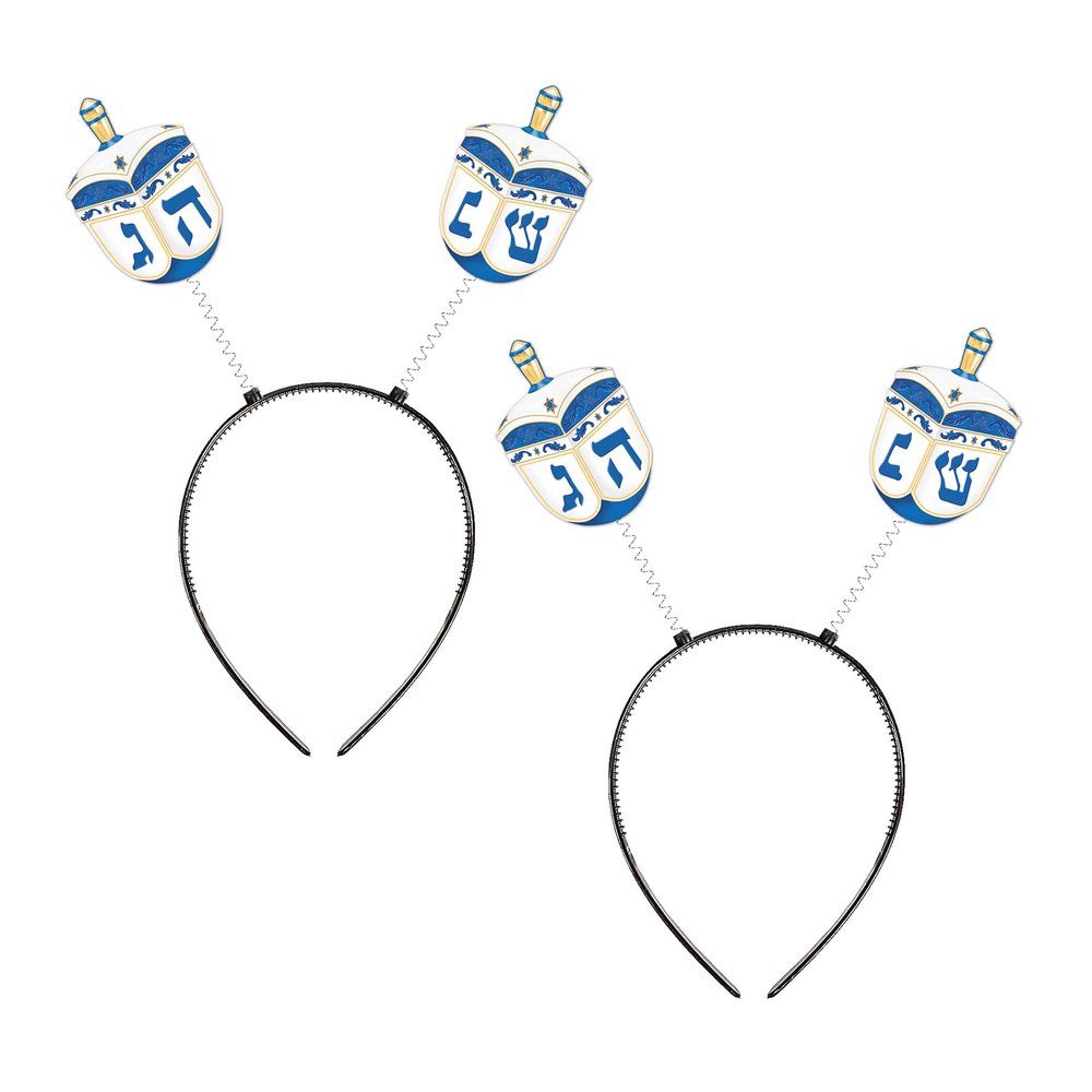 Beistle Dreidel Boppers 2-Pack Hanukkah Headbands, Blue and White Printed One Side with Hebrew Design on Metal Springs, Black Snap-On Bands for Adults, Festive Holiday Party Accessories