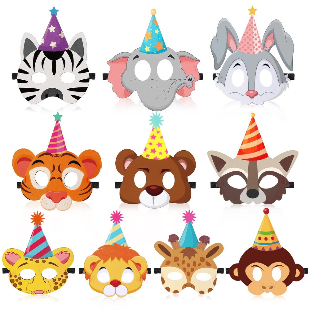 10 Pcs Animal Party Favor Masks Safari Jungle Felt Mask for Kids Funny Birthday Mask Supplies Safari Theme Party Garland Decoration for Halloween Dress up Zoo Wild One Birthday Party Favor, 10 Styles