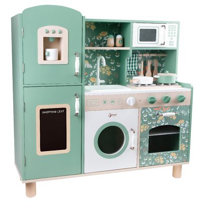 Classic World Wooden Vintage Play Kitchen Set Eco-Friendly Retro Toy Kitchen with Sink, Stove, Cupboards, Dishwasher & Accessories for Kids Creative Cooking for Ages 3 and Up
