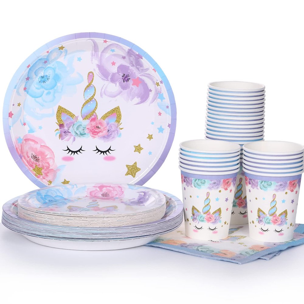 LIUGUSUN Unicorn Party Supplies Rainbow Unicorn Plates and Napkin Sets for Baby Shower First Girls Birthday Party Decorations Afternoon Tea Pool Garden PartyServes 24