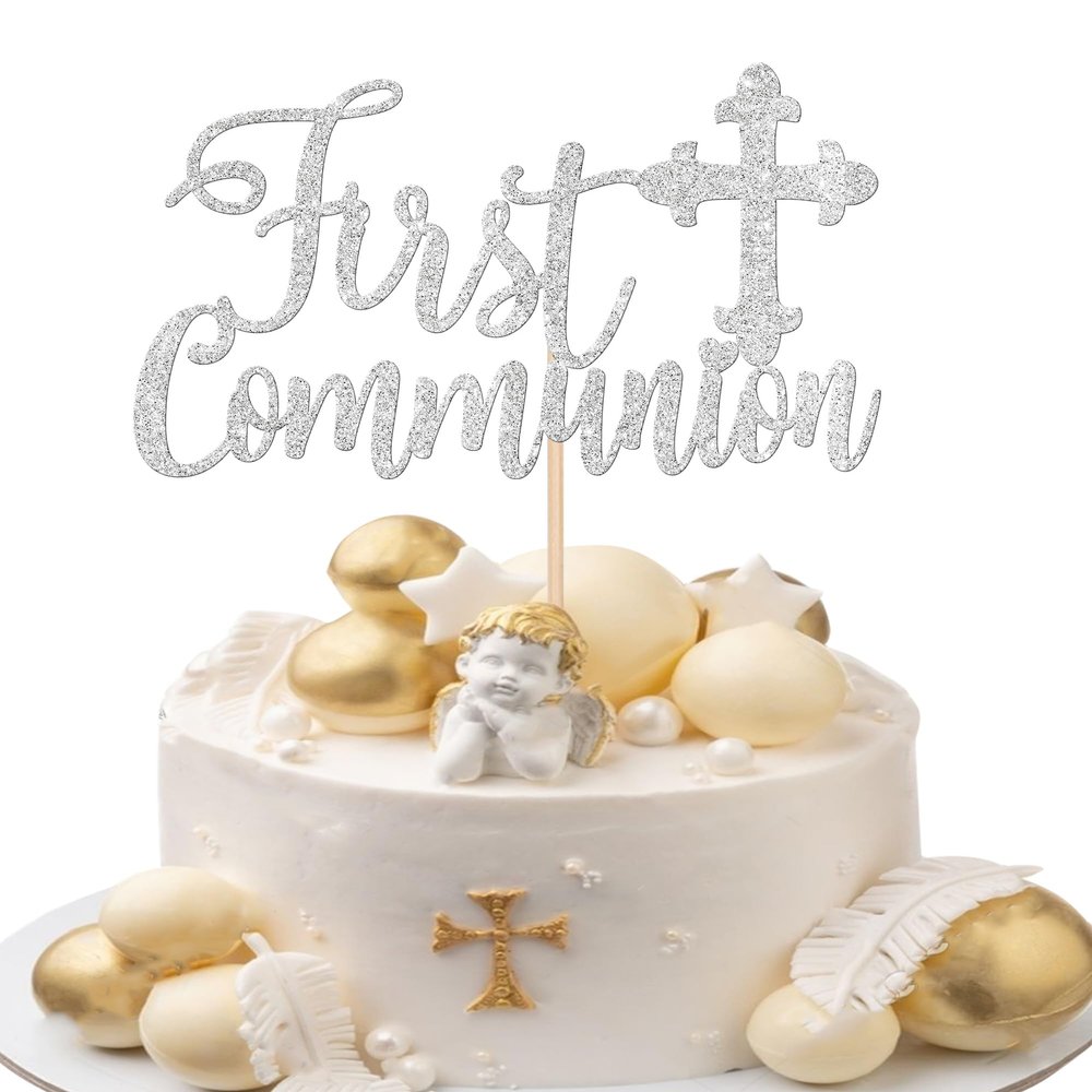 1 Pack First Communion Cake Topper Glitter Cross Cake Pick Religious Cross First Communion Cake Decoration Theme Baptism Communion Party Baby Shower Birthday Party Cake Decorations Supplies Silver